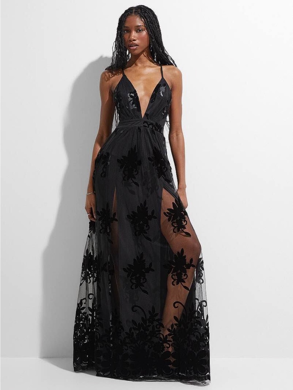 Simons Black Floral Sheer Maxi Dress with V-Neck